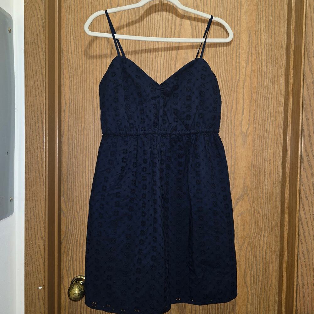 J. Crew Navy Blue Cotton Eyelet Cami Mini Dress Women’s Size M Smocked Back